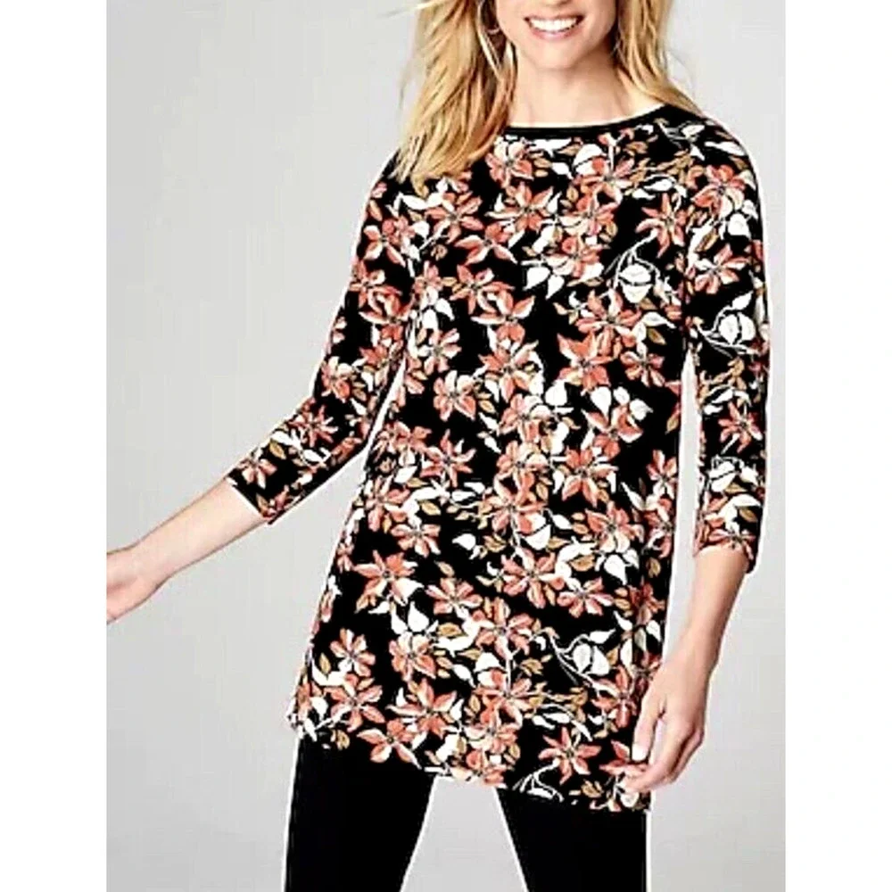 J Jill Size XS Wearever Collection Tunic Black Botanical Floral - Picture 3 of 10